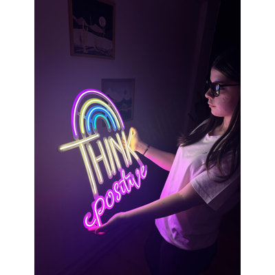Think Positive Metal Neon Sign, Neon Wall Decor, Light Decor, Led Neon Sign,Neon Wall Decor, Neon Sign, Neon Wall Art, Home Decor, Wedding gifts,Rainbow Color, (Without Remote Control)