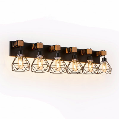 38" Modern Style Geometric 6-Light Configuration Vanity Light Fixture Fixture With In Black Finish Metal Material Metal, Wooden Accents And Cage Lampshade