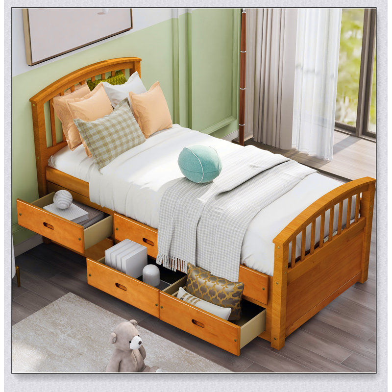 Solid Wood Storage Bed – 6 Drawers, Platform Design – Slat Support, No Box Spring Needed, Oak