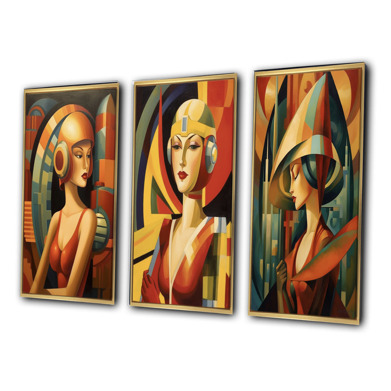 "Portrait épuré de femme art déco" - 3 pièces, Cadre flottant doré, H 48 po x l 32 po