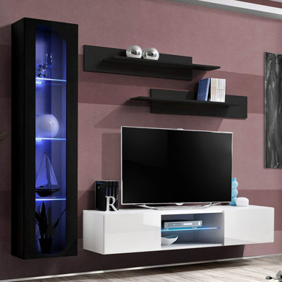 Letson 85" Modern Floating Wall Mounted Entertainment Center with 16-Color LED Lighting, High Gloss Finish