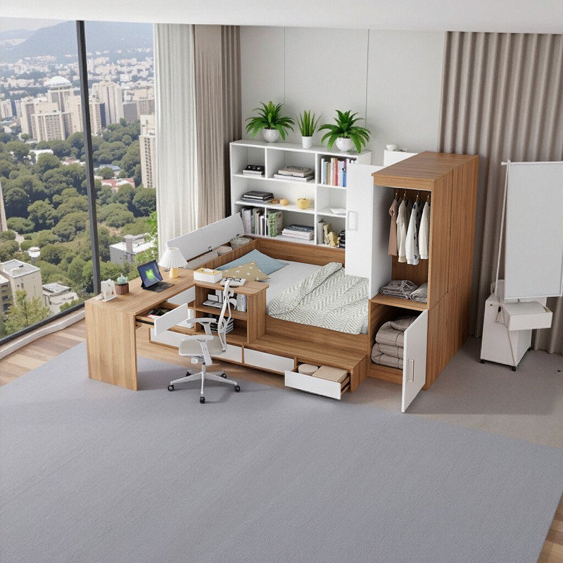 Lit plateforme avec rangement 104,9 "avec bureau et garde-robe - Pleine grandeur, Brun / Blanc