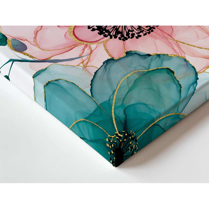 Toile «Composition florale éclatante» avec art mural rose pâle et pêche et pétales sarcelle riches entrelacés avec art mural sur toile
