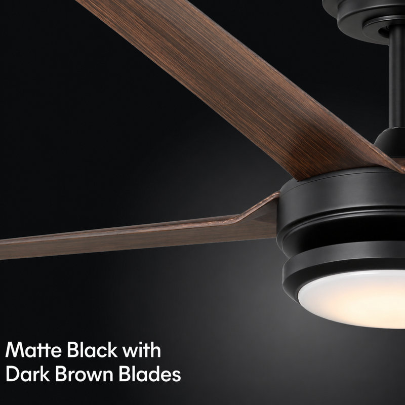 Burslem 56'' Indoor / Outdoor Ceiling Fan with Light and Remote, Color Changing LED, 6-Speed, 4-Blade, Quiet DC Motor – Matte Black with Dark Brown Wood Blades