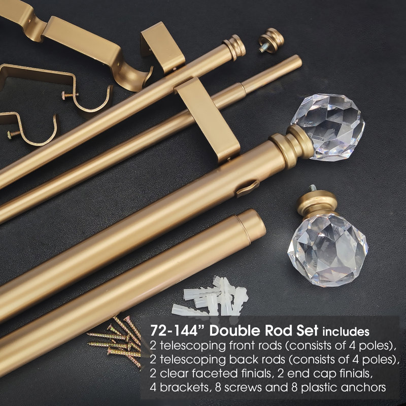 Gold Adjustable Double Curtain Rod with Crystal Finials