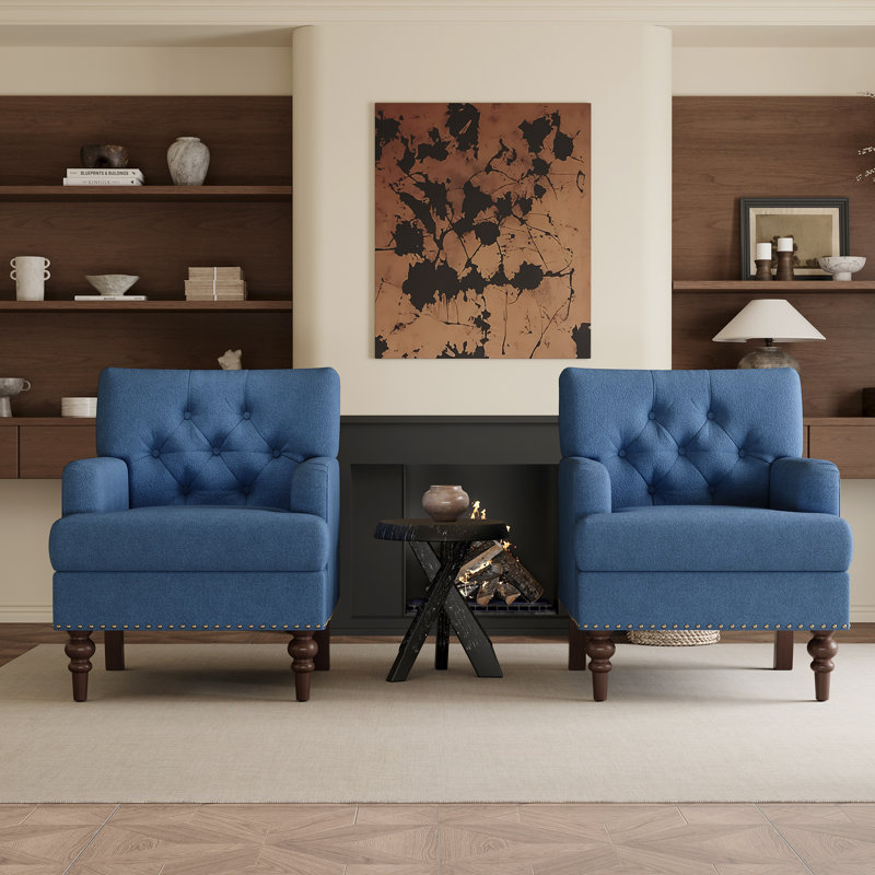 Luxury Tufted High Leg Armchair with Nailhead Trim and Plush Thick Padded Cushion, Blue Fabric