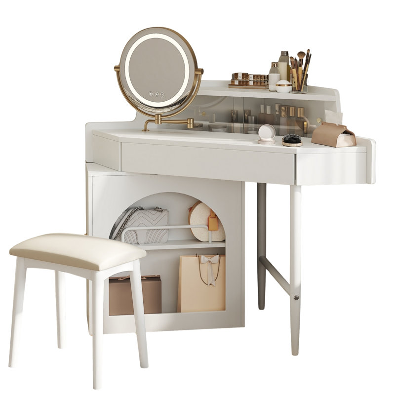 Bureau de coiffeuse de coin avec miroir pliant et miroir à DEL