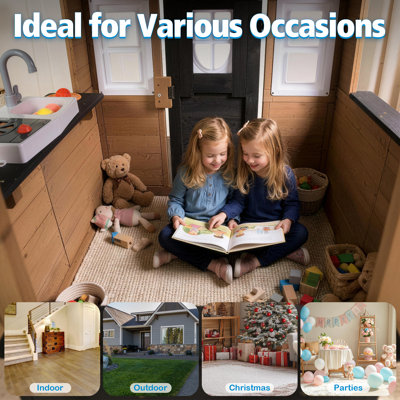 Wooden Kids Playhouse Outdoor with Kitchen Set, Doorbell & Phone, Built-in Clock, Flower Pots & Chalkboards, Backyard Imaginative Play Cottage
