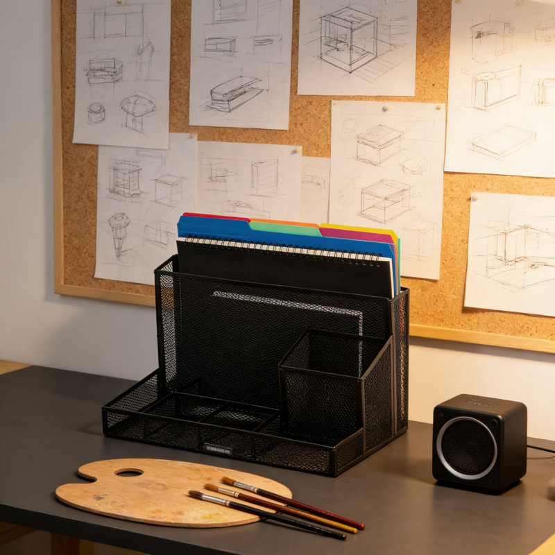 Organisateur de bureau tout-en-un avec fournitures de bureau, porte-classeur en filet vertical et système de rangement pour l'organisation du bureau
