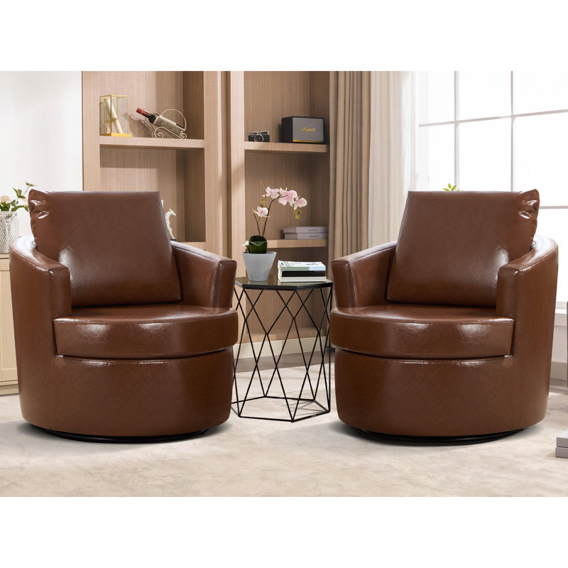 32.3" Wide Modern Vegan Leather Barrel Swivel Accent Chair with Curved Armrest, Warm Brown, 2