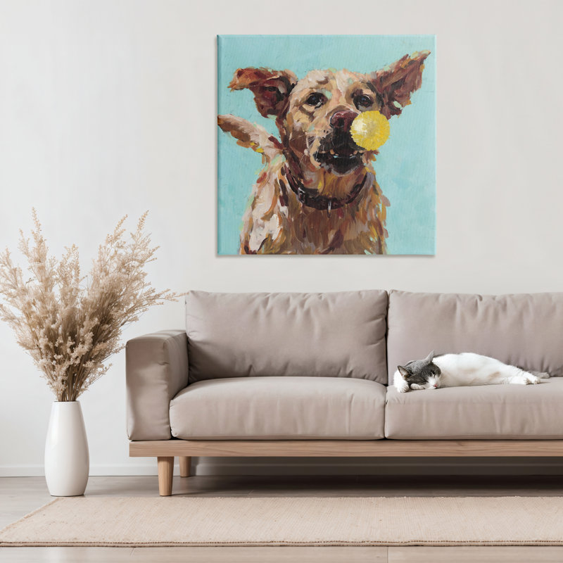 Chien jouant avec une balle sur toile, design par Studio Bautista