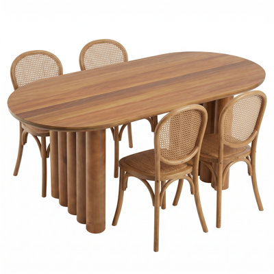 Ensemble de salle à manger moderne ovale pour 4 personnes avec chaises en rotin et guéridon