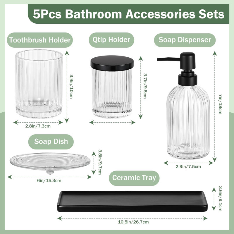 Ensemble d'accessoires de salle de bain, 5 pièces d'accessoires de salle de bain en verre transparent avec distributeur de savon, porte-brosse à dents, support Cotton Swab, porte-savon, plateau en céramique, meuble-lavabo de comptoir