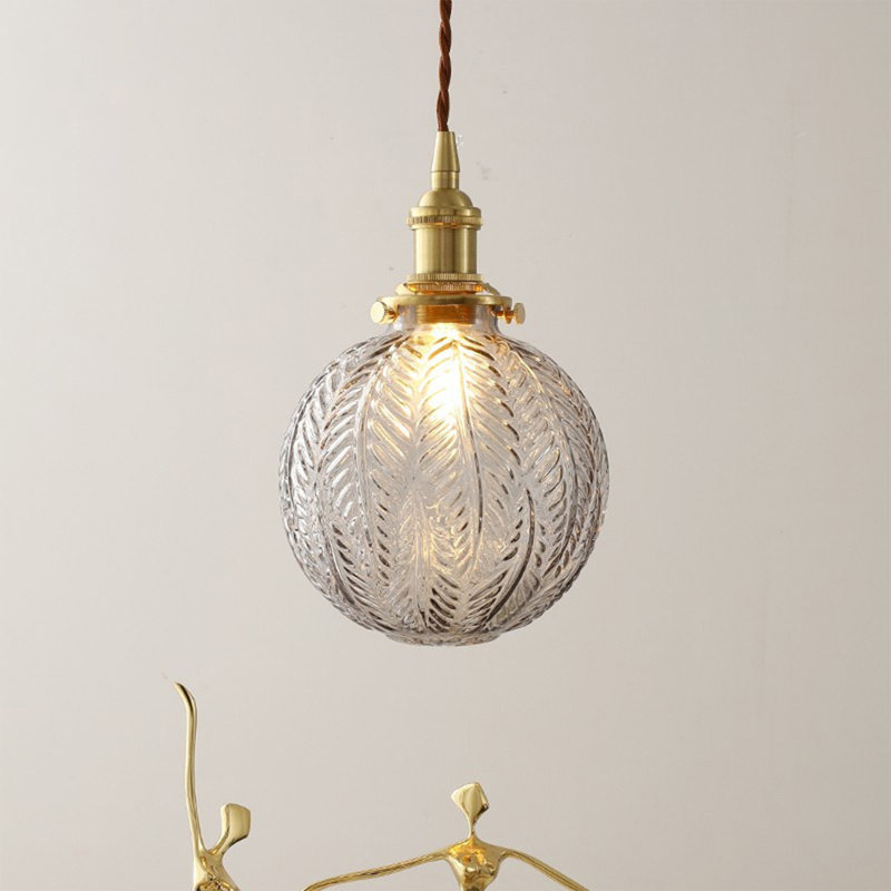 Modern Globe Ribber Glass Brass Pendant Light In Leaf Pattern, Gray