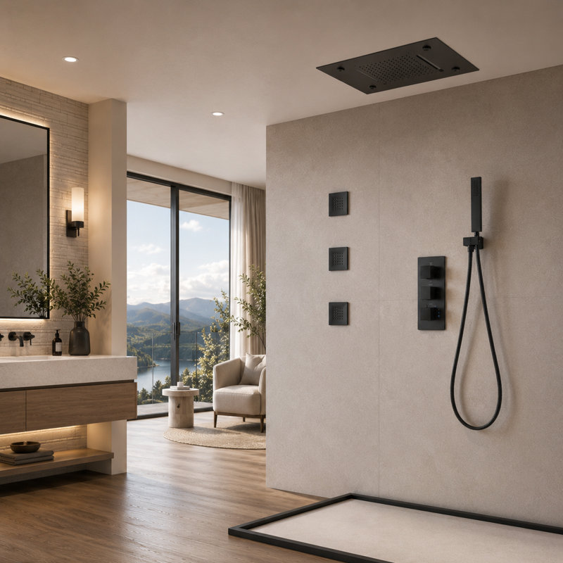 Ensemble de robinet de douche thermostatique à DEL Bojet avec pomme de douche carrée avec 3 poignées et 4 fonctions, Noir mat
