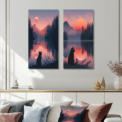 Silhouette de chat rose noir, coucher de soleil I, ensemble d'art mural 2 pièces