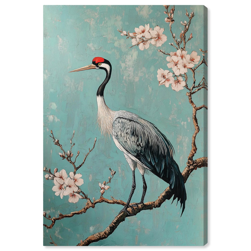 «Crane in Blossom», toile élégante par Art Remedy, H 15 po x l 10 po, Toile tendue avec châssis