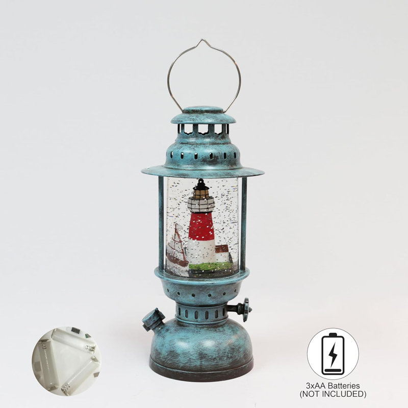 Rustic Blue Acrylic LED Lantern with Hand-Painted Lighthouse Scene