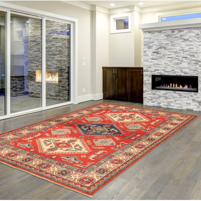 Tapis décoratif en laine rouge/beige 4 pi 2 po x 5 pi 9 po de conception unique noué à la main new age finest
