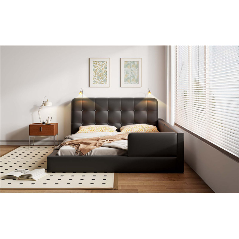 Grand lit plateforme tapissier avec 2 lampes de lecture, Noir