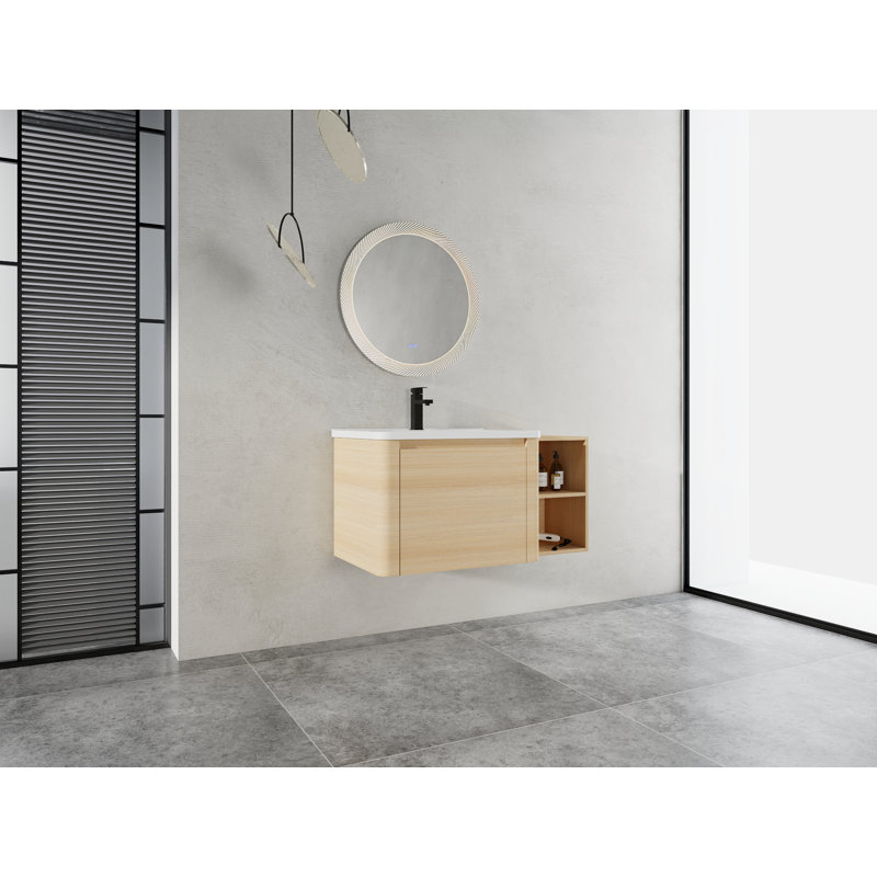 Meuble-lavabo suspendu contemporain de 101,6 cm (40 po) avec lavabo en céramique blanche, étagères de rangement, porte à fermeture douce et fini chêne blanc américain.