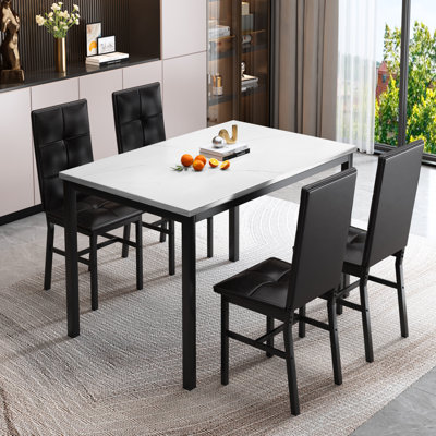 Dining Table Set For 4, Rectangle Dining Room Table Set With Four Chairs And Faux Marble Top, Dining Table Set With Backrest For Dining Or Living Room