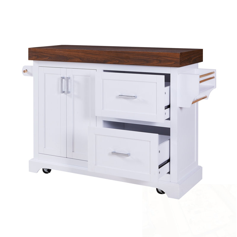 Kitchen Island with Spice & Towel Racks and 2 Extra-large Drawers, White