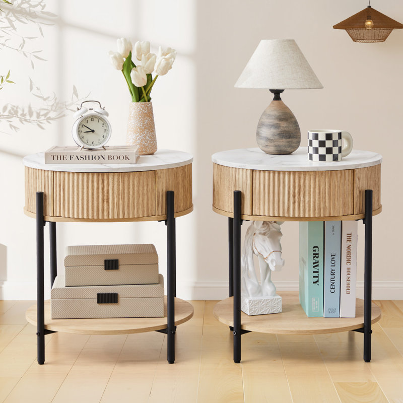Marble Round End Table With Storage, Natural, 2
