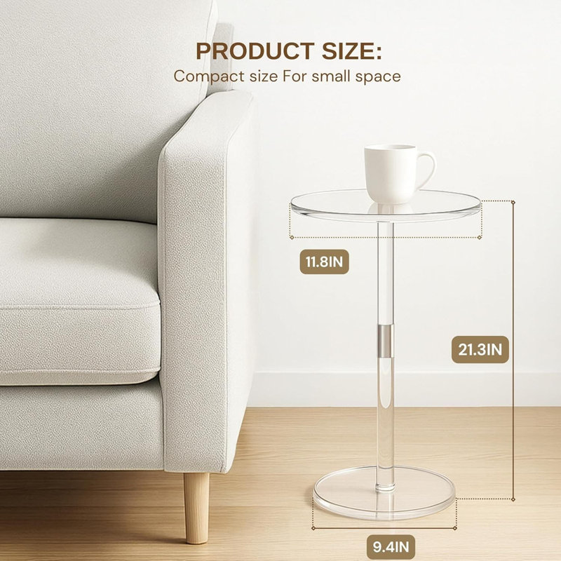Table d'appoint en acrylique transparent au design minimaliste pour le salon, la chambre à coucher et le bureau | Table de bout ronde pour petits espaces | Table à boisson facile à assembler