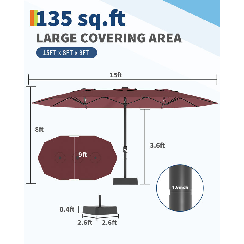 Grand parasol de patio 15 pi avec base et lumières solaires, parasol rectangulaire surdimensionné pour 8 à 10 personnes, 36 lumières DEL et base lestée pour piscine, terrasse, jardin, rouge vin