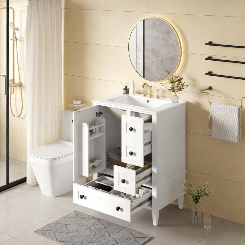 Meuble-lavabo de 24 po avec lavabo en céramique durable, tiroirs à fermeture en douceur et porte, Blanc
