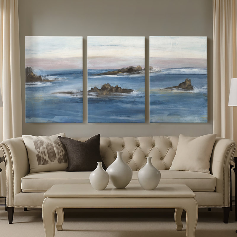 Merging the Ocean I - Toile tendue avec châssis sur mesure - 3 pièces, H 36 po x l 72 po