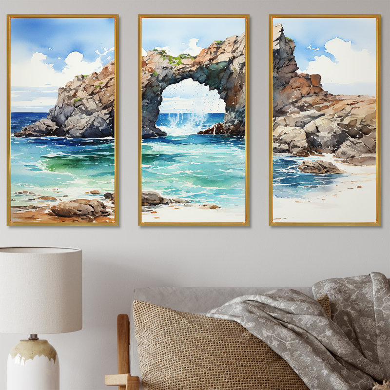 Coastal Rock Arch Beach 2 - Vagues côtières, art mural, Cadre flottant doré, H 40 po x l 61 po x P 1 po