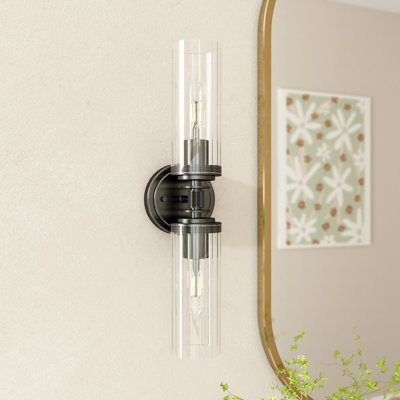 Applique murale de style campagnard à intensité variable 2 lumières Ophilia de 19 po noir mat avec abat-jour en verre transparent rayé
