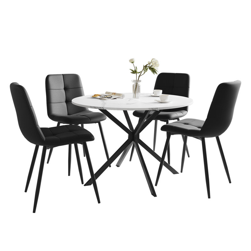 Dining Table And Chairs Set Of 4, Folding Round Dining Table With 4 Chairs For Dining Room,Kitchen,Living Room, Black, White