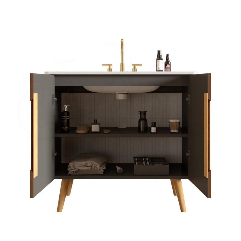 Meuble-lavabo 36 po en noyer rayé avec lavabo blanc Carrara, Centerset