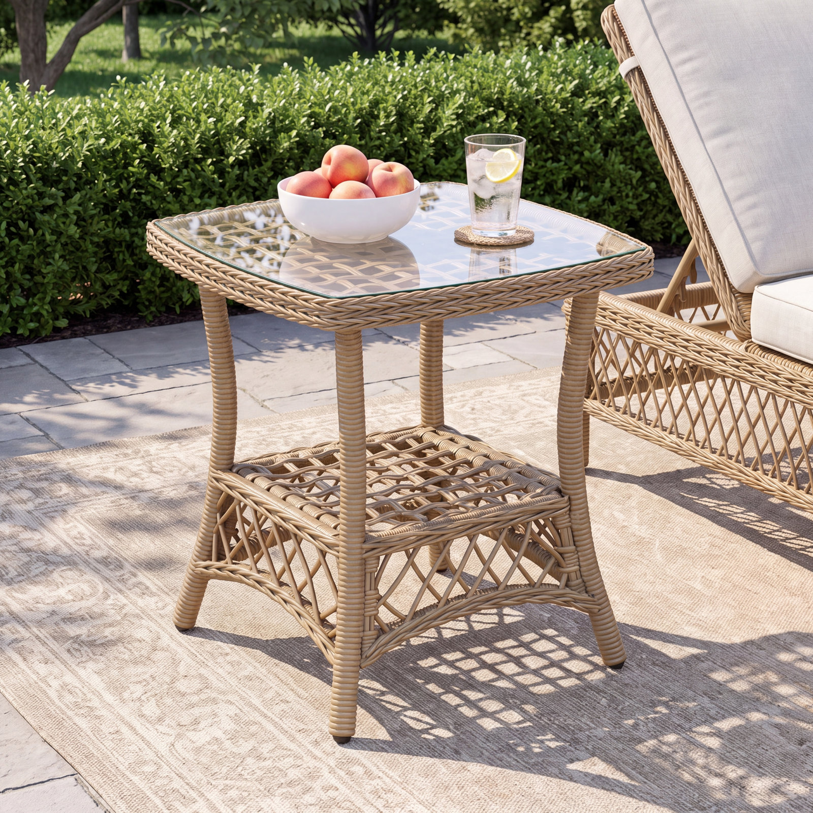 Kyla 1-Piece Wicker Patio Side Table With Glass Tabletop