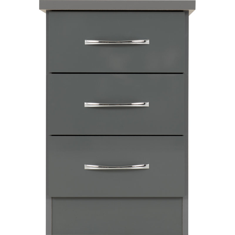 Cascio 3 Drawer Bedside Table, Gloss Grey