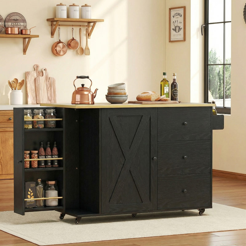 47.2" Transitional Style Kitchen Island With Drop Leaf And Storage, Rolling Kitchen Cart On Wheels With 3 Drawers And Cabinets, Coffee Station