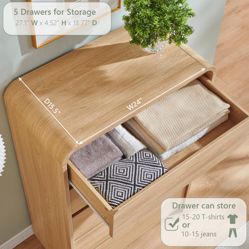Maud Modern 5 Drawers Dresser for Bedroom, 45" Tall Dressers & Chests of Drawers w/Curved Profile Design, Natural