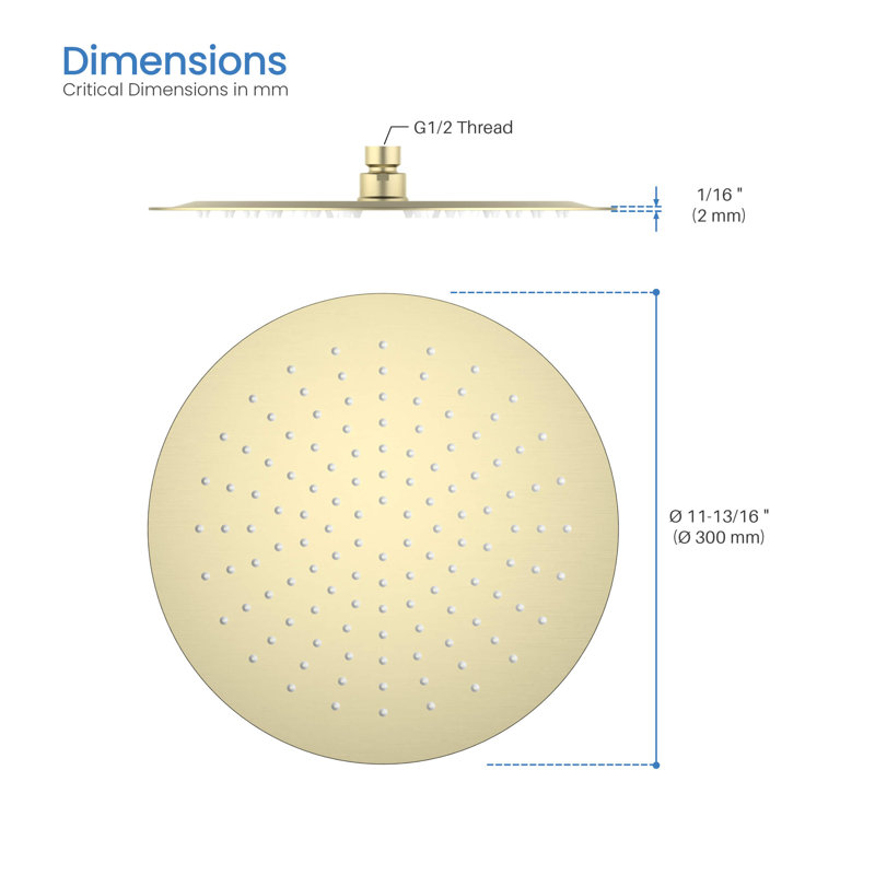 Pomme de douche circulaire à profil ultra mince en métal 12 po 1,75 gallons par minute, Or brossé