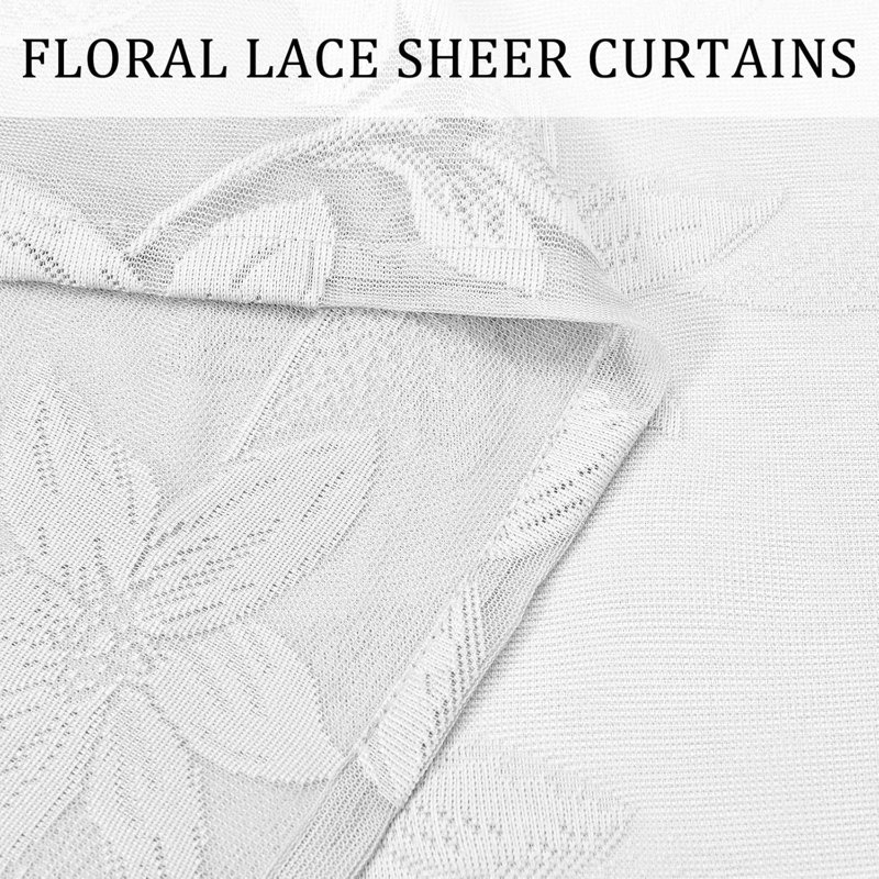 2 Panels Floral Lace Sheer Curtains - Elegant Design Rod Pocket Boho Chic Decor Window Voile Sheer Drapes Farmhouse Style for Bedroom and Living Room