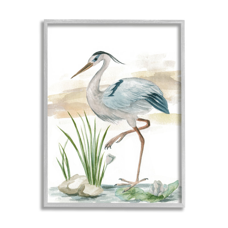 «Heron On Pond», peinture par Melissa Wang, H 14 po x l 11 po x P 1,5 po, Estampe numérique Farmhouse