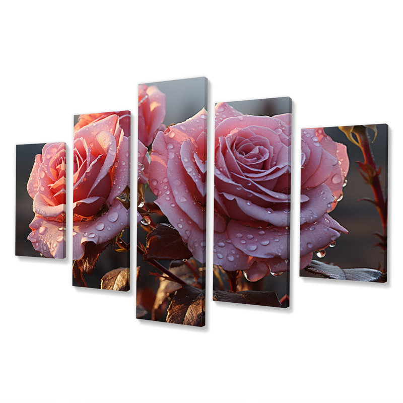 «Pink Roses Morning brillant», reproduction sur toile florale - 5 panneaux
