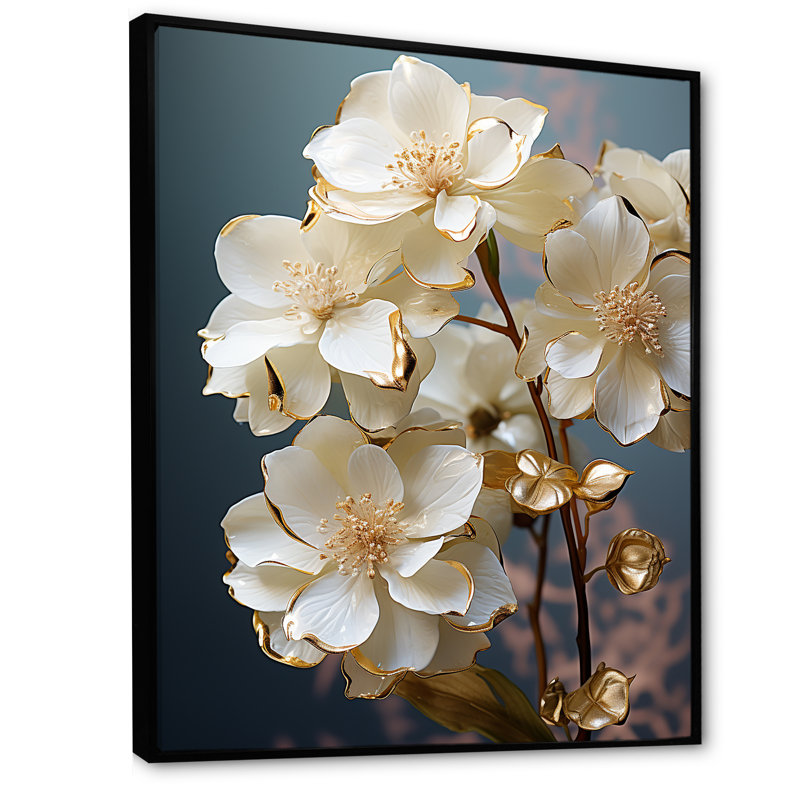 Baroque Hydrangea White And Gold II - Hydrangea Wall Art, 32" H x 24" W x 1" D, Black Floater Framed