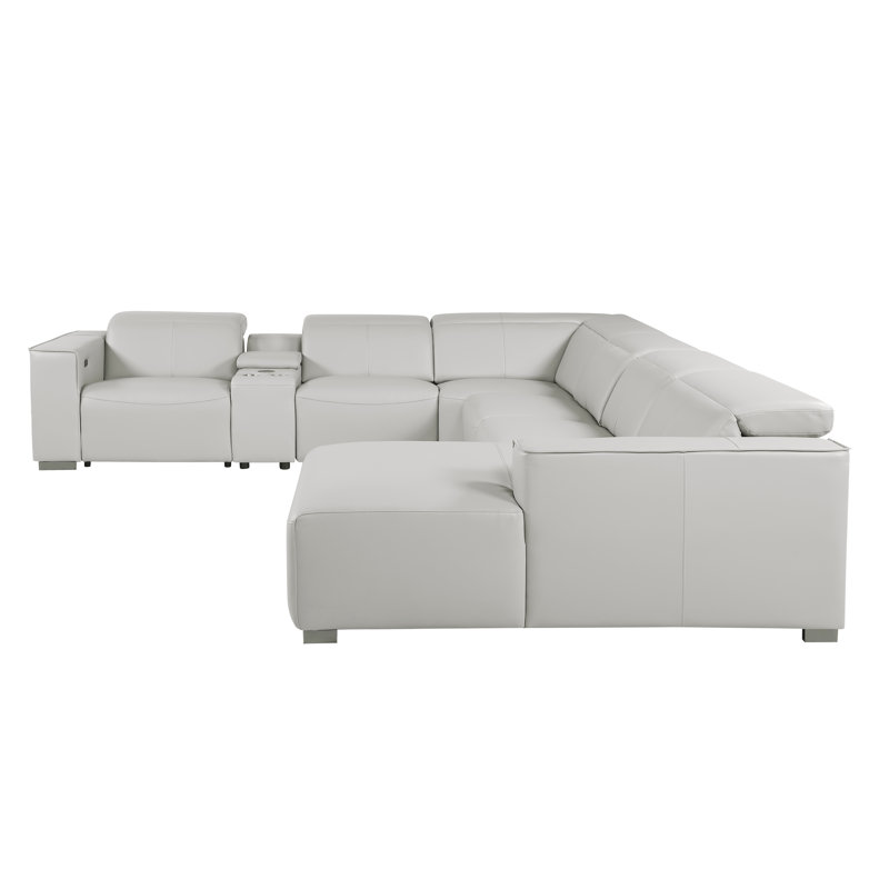 Canapé modulaire en cuir véritable gris clair 7 pièces faisant face à la droite avec 2 fauteuils inclinables électriques et appuis-tête réglables