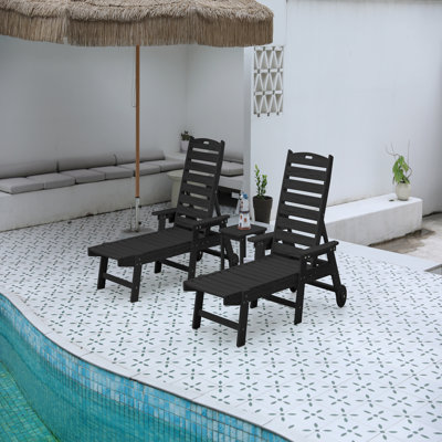 Lounge Chair With Side Table, 3-Piece Oversized Chaise Lounge Chair Set , All Weather Patio Lounge Chair With 5 Positions, Wheels & Cup Holder