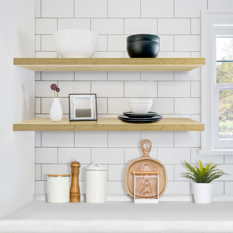 35" Long Floating Shelves with Invisible Mounting Set of 2, Maple Wood