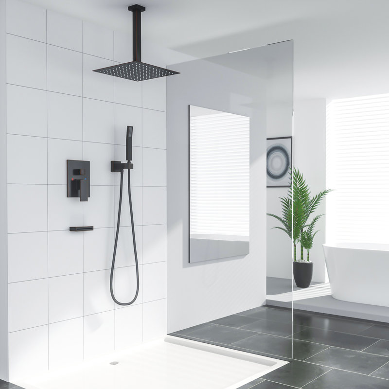 Système de douche complet avec pomme de douche double au plafond avec valve brute, Bronze huilé