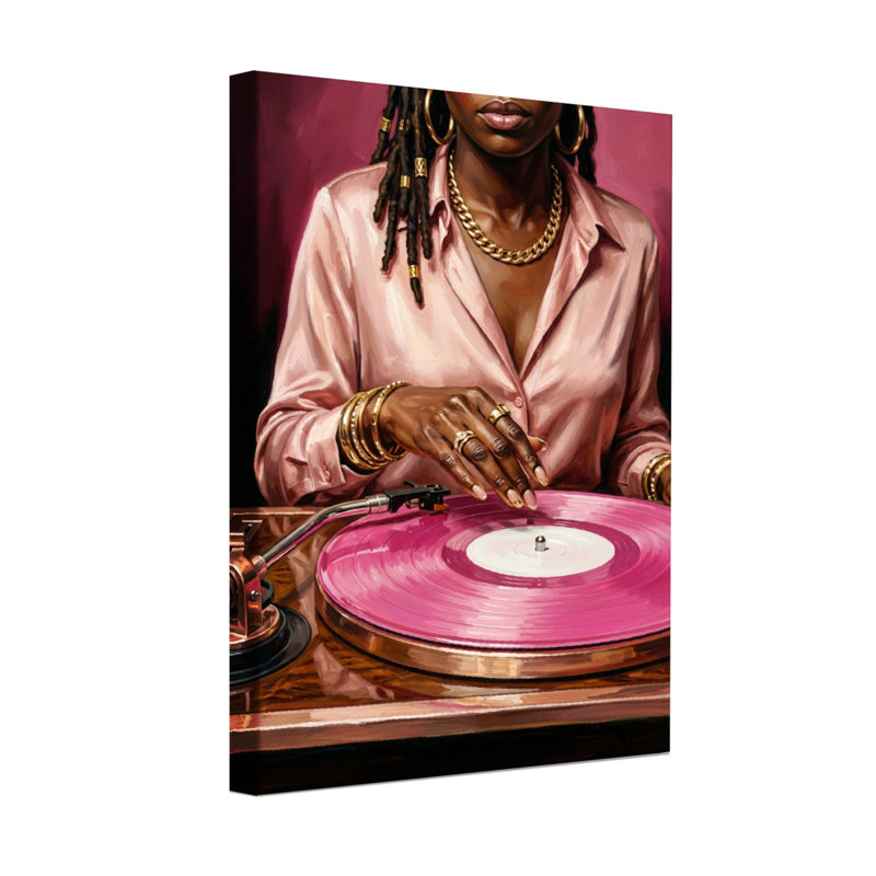 Femme abstraite avec tourne-disque vinyle rose, H 24 po x l 16 po
